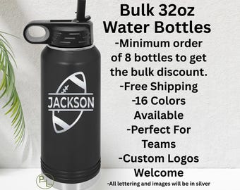 Football Water Bottle, Bulk Football Engraved Water Bottle, Etched Football Water Bottle, 16 Colors, Minimum Order 8 Bottles - Free Shipping
