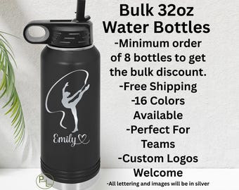 Gymnastics Water Bottle, Bulk Engraved Gymnastics Water Bottle, Gymnast Etched Water Bottle 16 Colors, Minimum Order 8 Bottles Free Shipping
