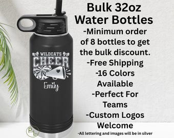 Cheer Water Bottle, Bulk Cheer Engraved Water Bottle, Etched Cheerleader Water Bottle, 16 Colors, Minimum Order 8 Bottles - Free Shipping