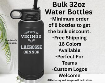 Lacrosse Water Bottle, Bulk LAX Engraved Water Bottle, Etched Lacrosse Water Bottle, 16 Colors, Minimum Order 8 Bottles - Free Shipping