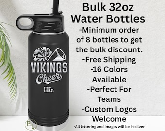 Cheer Water Bottle, Bulk Cheer Engraved Water Bottle, Etched Cheerleader Water Bottle, 16 Colors, Minimum Order 8 Bottles - Free Shipping