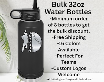 Baseball Water Bottle, Bulk Baseball Engraved Water Bottle, Etched Baseball Water Bottle, 16 Colors, Minimum Order 8 Bottles - Free Shipping