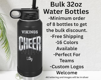 Cheer Water Bottle, Bulk Cheer Engraved Water Bottle, Etched Cheerleader Water Bottle, 16 Colors, Minimum Order 8 Bottles - Free Shipping