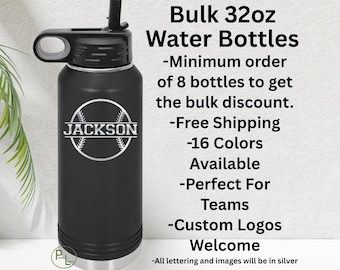 Baseball Water Bottle, Bulk Baseball Engraved Water Bottle, Etched Baseball Water Bottle, 16 Colors, Minimum Order 8 Bottles - Free Shipping