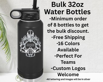 Football Water Bottle, Bulk Football Engraved Water Bottle, Etched Football Water Bottle, 16 Colors, Minimum Order 8 Bottles - Free Shipping