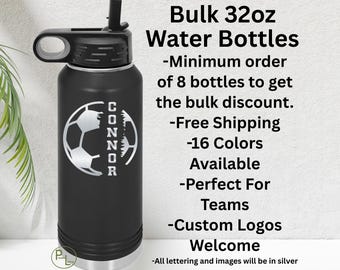 Soccer Water Bottle, Bulk Soccer Engraved Water Bottle, Etched Soccer Water Bottle, 16 Colors, Minimum Order 8 Bottles - Free Shipping