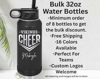 Cheer Water Bottle, Bulk Cheer Engraved Water Bottle, Etched Cheerleader Water Bottle, 16 Colors, Minimum Order 8 Bottles - Free Shipping
