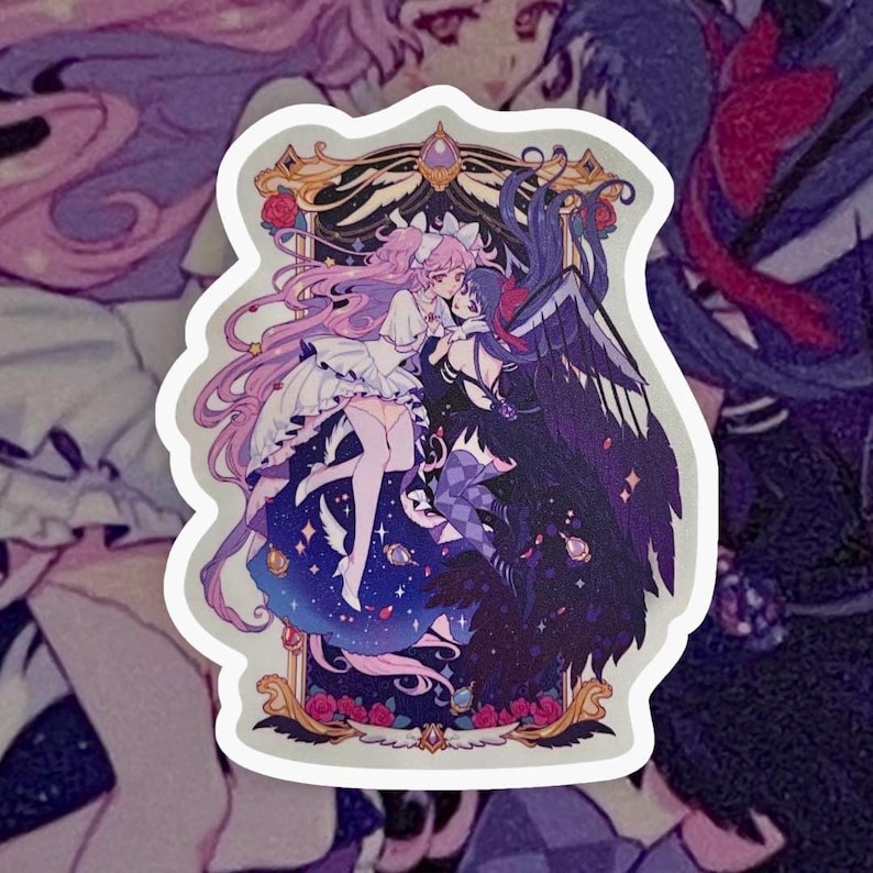 May include: A sticker featuring two anime characters, one with pink hair and a white dress, the other with black hair and a black dress, standing in a frame with a starry background.