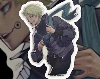 May include: A sticker featuring a cartoon character with blond hair wearing a dark blue jacket and a teal scarf. The character has a mischievous expression and is holding the scarf with one hand.