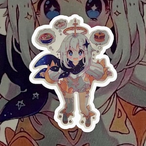 May include: A sticker featuring a cartoon girl with white hair, wearing a blue and gold outfit with a star on her chest. She has a halo above her head and is surrounded by thought bubbles with images of food.