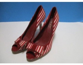 Sergio Zelcer Vintage Red and White Striped Fabric Patent Peep Toe Pumps