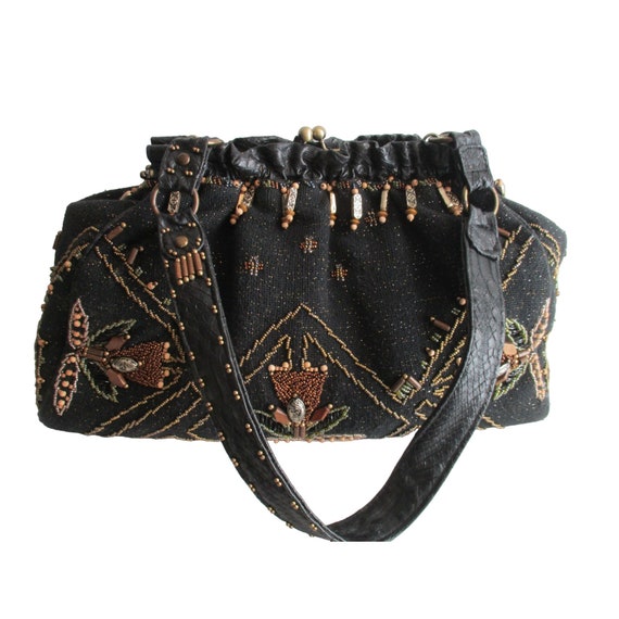 Mary Frances Vintage Brown Beaded Satchel Tulip Mo