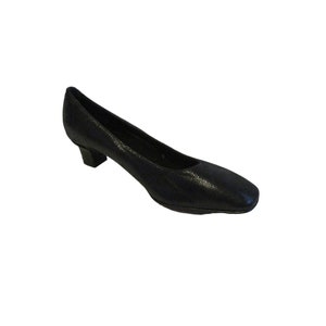 May include: A single black pump with a low heel. The shoe has a textured surface and a rounded toe. The heel is approximately 1.5 inches high. The shoe is set against a white background.