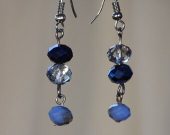 Elegant Crystal Earrings, Faceted White and Blue Iridescent Glass Crystals