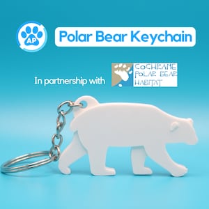 May include: White polar bear keychain with a silver key ring. The keychain is in partnership with Cochrane Polar Bear Habitat.