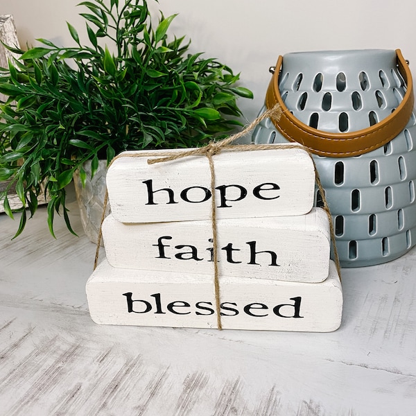 Hope Faith Blessed Shelf Sitter, Farmhouse Decor, Distressed Wood Blocks, Farmhouse, Christian Decor, Inspirational Gift, Birthday