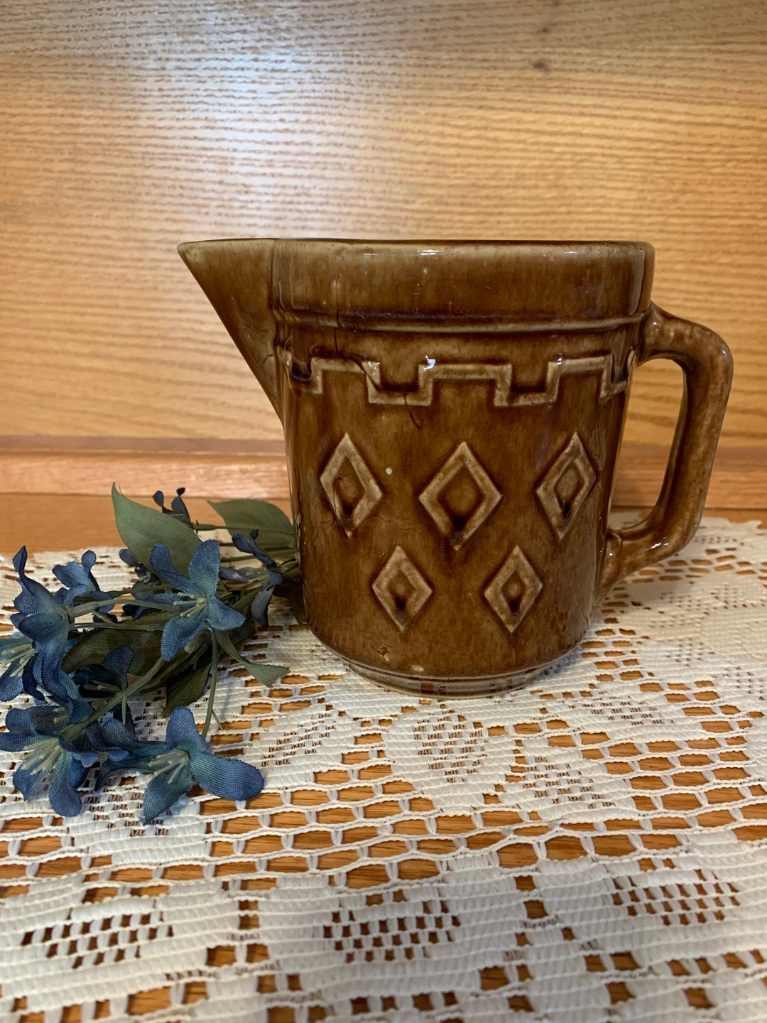 Vintage Diamond Stoneware Brown Pitcher, Vintage Brown Pitcher With Diamonds, Vintage Stoneware
