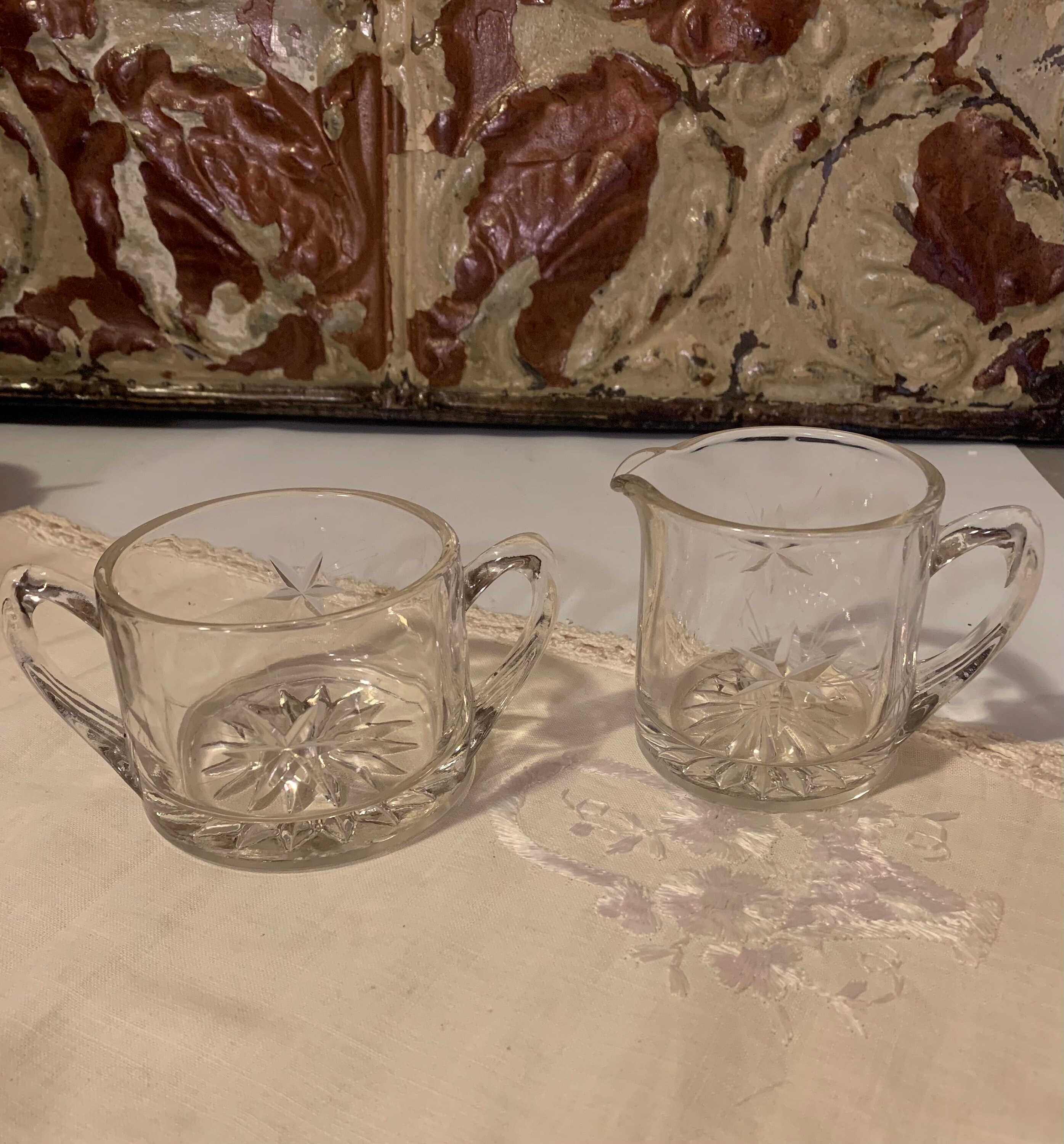 Vintage Glass Creamer and Sugar With Star Bottom Heavy Glass Etsy UK
