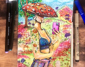 Original Mixed Media Amanita Mushroom Woman