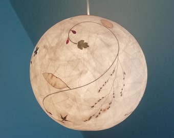 round paper lampshade & pressed plants, flowers and leaves, ceiling lamp, hanging lamp