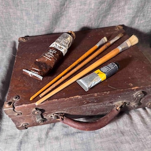 ntique Plein Air Artist’s Paint Box – c.1890s Portable Wooden Case w/ Palette, Tins & Leather Handle
