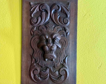 19th C Hand-Carved Lion Head Cabinet Door Panel, Renaissance Revival Wood Carving,  Architectural Salvage Wall Art