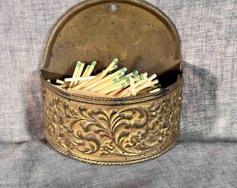 Antique Embossed Brass Wall Match Holder-Ornate Match Safe, Early 20thb Century
