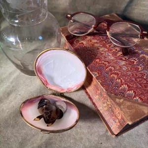 May include: An open, gold-rimmed shell-shaped trinket box with a miniature turtle figurine inside. A pair of maroon-framed glasses rests on a patterned book. A clear glass vase is in the background.