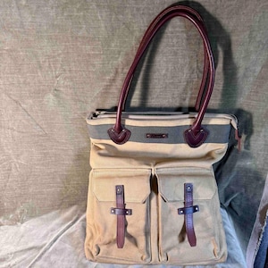Vintage LL Bean Double Pocket Canvas Travel Bag, Field Style Tote with leather trim and Zip top