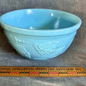 May include: A pale blue mixing bowl with embossed floral and leaf patterns. The bowl has a wide rim and a rounded shape. The bowl is made of a solid material and is on a surface.