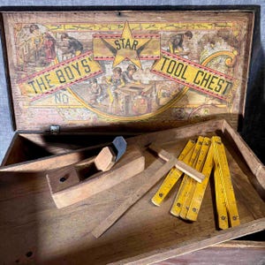 Puede incluir: Un cofre de herramientas de madera abierto con las palabras "THE BOYS' TOOL CHEST" y una estrella en la tapa. En el interior hay un cepillo de madera, una regla plegable amarilla y otras herramientas. El cofre es antiguo y desgastado.