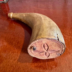 Antique Powder Horn with Carved Folk Motif 19th Century Handcrafted Black Powder Flask Rustic Hunting or Militia Gear