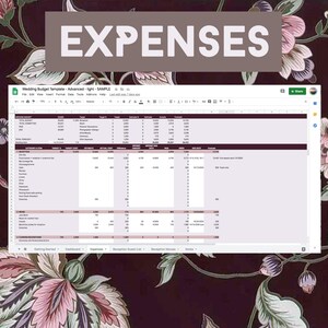 May include: A spreadsheet with the title "Expenses" and a wedding budget template. The spreadsheet includes categories for income, expenses, and a detailed breakdown of reception costs.