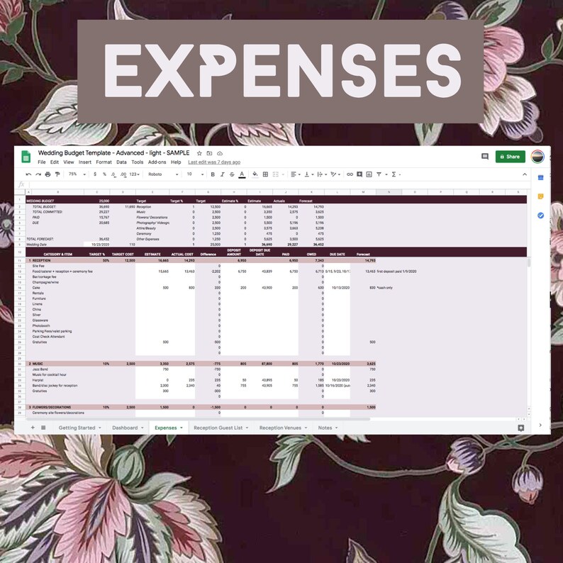 May include: A spreadsheet with the title "Expenses" and a wedding budget template. The spreadsheet includes categories for income, expenses, and a detailed breakdown of reception costs.