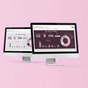 May include: Two computer screens displaying a wedding budget spreadsheet with charts and graphs. The spreadsheet shows a total budget of $36,000 and a guest count of 122. The title of the spreadsheet is "Jane & James Wedding".