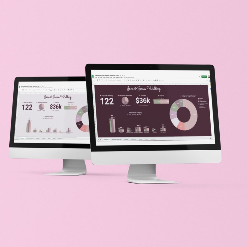 May include: Two computer screens displaying a wedding budget spreadsheet with charts and graphs. The spreadsheet shows a total budget of $36,000 and a guest count of 122. The title of the spreadsheet is "Jane & James Wedding".