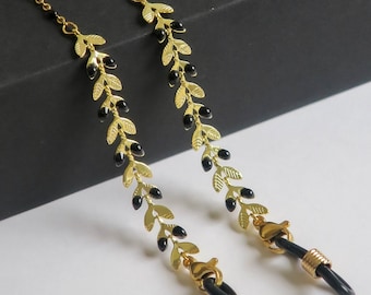 EGERIE gold and black eyeglass chain with leaf pattern, handmade in France (eyeglass cord, eyeglass jewelry)