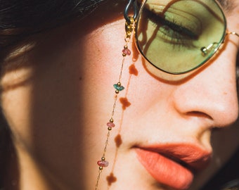 Cadena de Gafas Dorada con Piedras Preciosas Turmalina “Celestial” – Cordón de Gafas Estilo Joya para Mujer