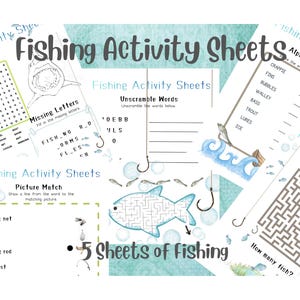 Puede incluir: Cinco hojas de actividades de pesca con sopas de letras, letras faltantes, emparejamiento de imágenes y laberintos. Las páginas incluyen ilustraciones de peces, anzuelos y burbujas de agua con el texto Fishing Activity Sheets.