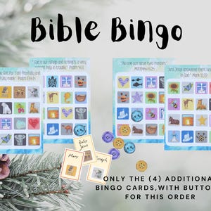 Tarjetas de bingo bíblicas adicionales, actividad de la escuela dominical, juegos cristianos, juegos de cartas para niños, juego bíblico con imágenes, fabricado en Estados Unidos