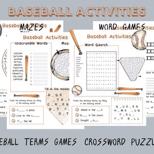 May include: Baseball-themed activity sheets with mazes, word searches, and crossword puzzles. The sheets feature baseballs, bats, and various baseball terms. The text "Baseball Activities" and "Baseball Terms Games Crossword Puzzle" are visible.