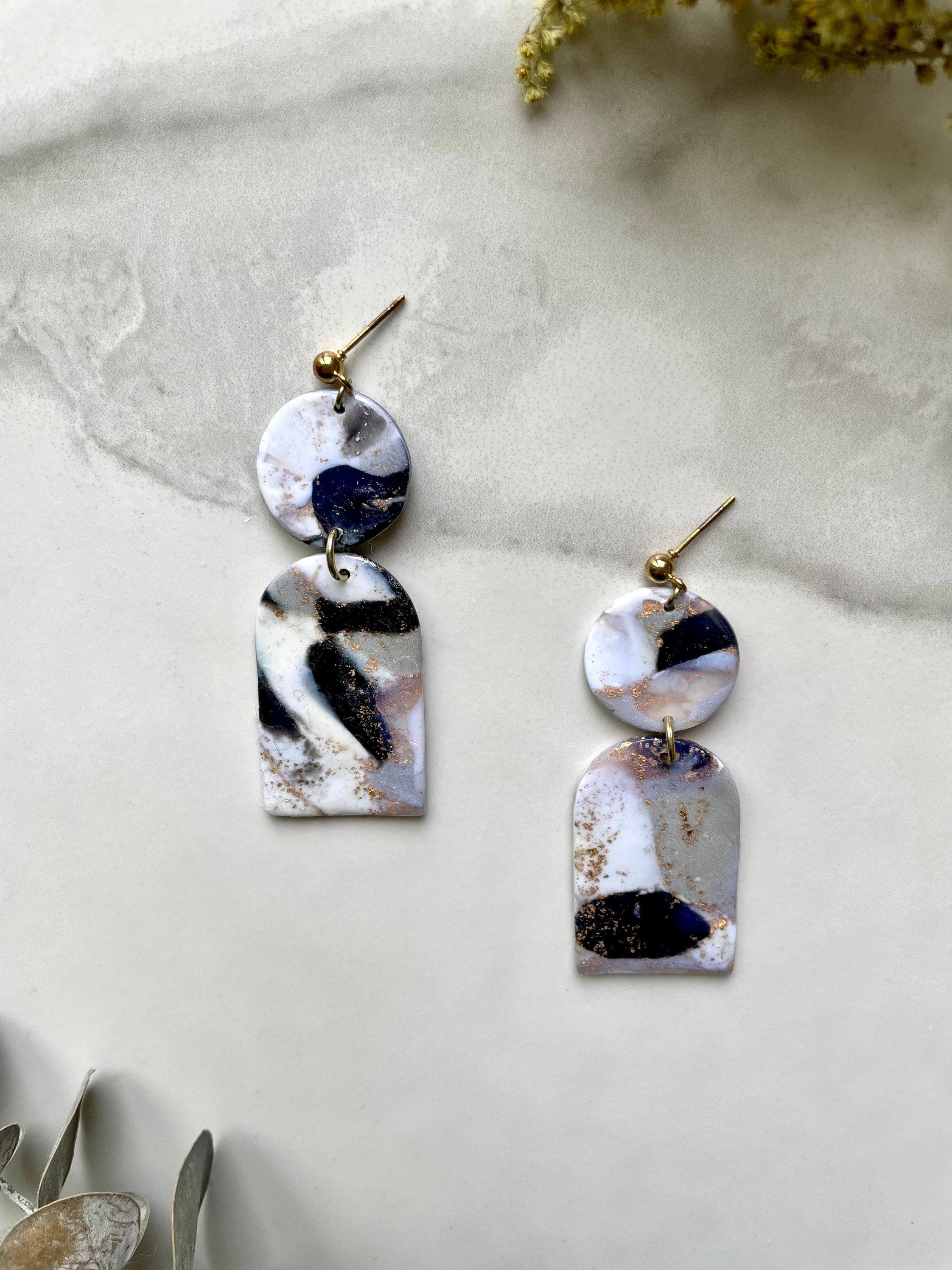 Black White Gold Marbled Polymer Clay Earrings