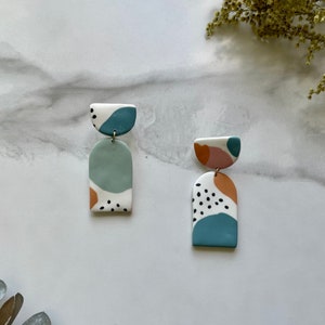 Abstract painted collage arches with half moons - polymer clay earrings