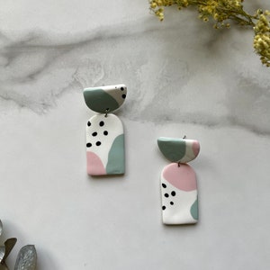 Abstract painted collage archs with half moons - polymer clay earrings