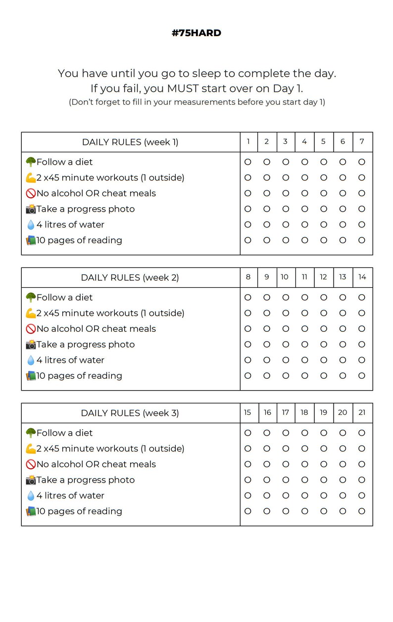 75 hard challenge daily rules tracker printable instant etsy