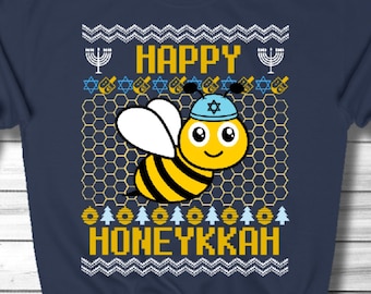 Womens Hanukkah Sweatshirt, "Happy Honeykkah" Ugly Chanukah Sweater, Funny Bee Hanukkah Jumper for Kids, Girls Hanukkah Gift, Jewish Holiday