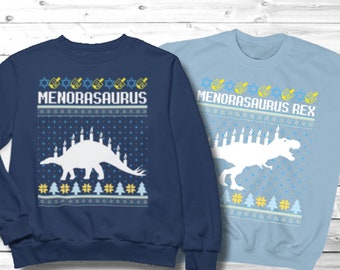 Menorasaurus Hanukkah Sweatshirt, Matching Hanukkah Sweaters, Dinosaur Chanukah Jumper, Couples Hanukkah Crewneck, Menorasaurus Rex Kids