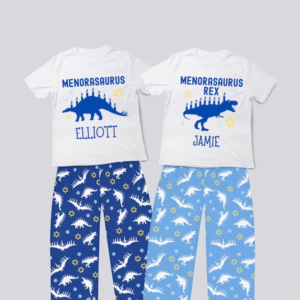Personalized Hanukkah Kids Pajamas, Custom Chanukah Dinosaur Matching Pyjama Sets, Hanukkah Gift for Kids, Menorasaurus Jewish Holiday Shirt