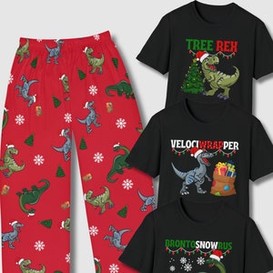 Christmas Dinosaur Pajamas, Dinosaur Matching Pyjama Pants Shirt Set, Christmas Gift for Kids, Xmas Eve PJs for Children, Funny "Tree Rex"