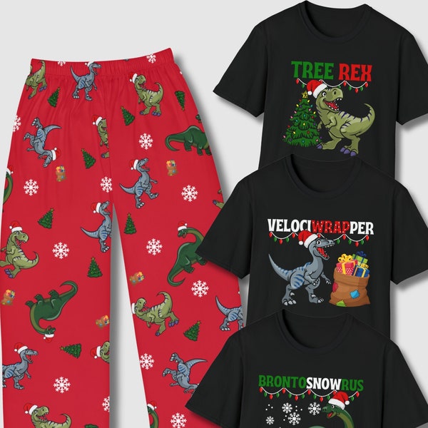 Christmas Dinosaur Pajamas, Dinosaur Matching Pyjama Pants Shirt Set, Christmas Gift for Kids, Xmas Eve PJs for Children, Funny "Tree Rex"